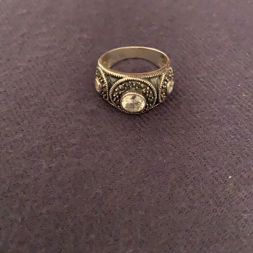 Sterling silver marcasite crystal ring, size 6.5